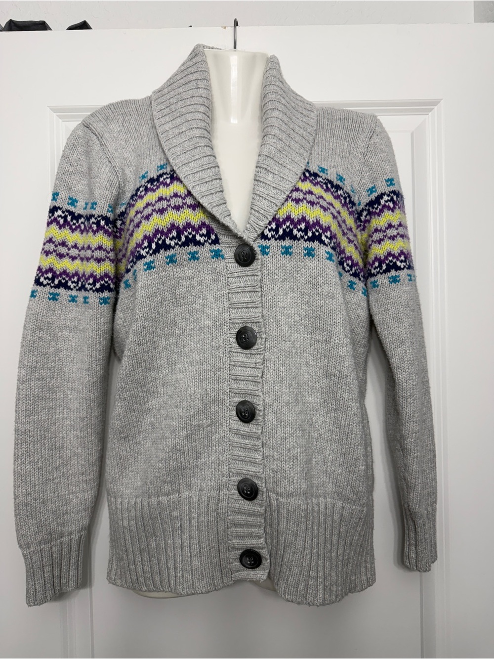 Old Navy Gray Shawl Collar Cardigan with Purple, Yellow and Teal Fair Isle